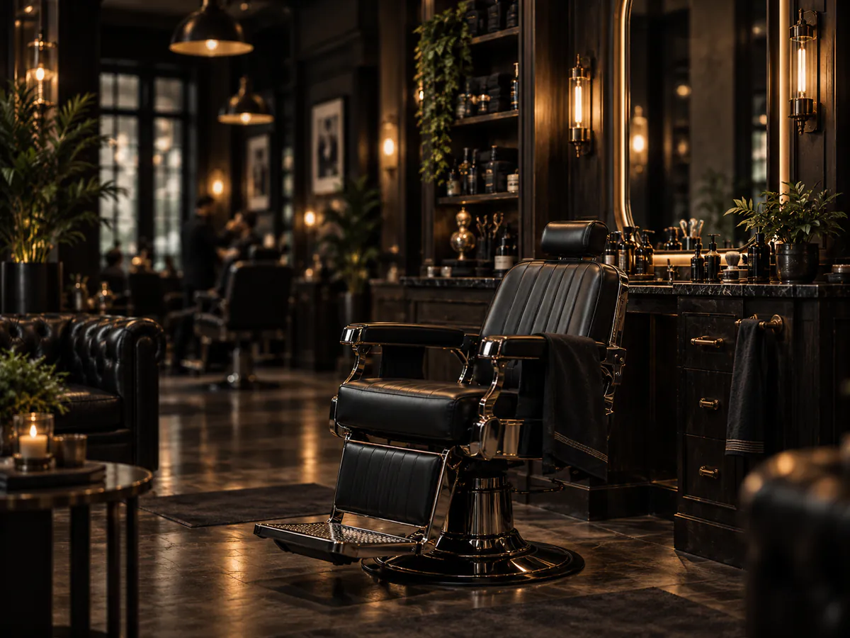 A leather barber chair in a warmly lit grooming interior.