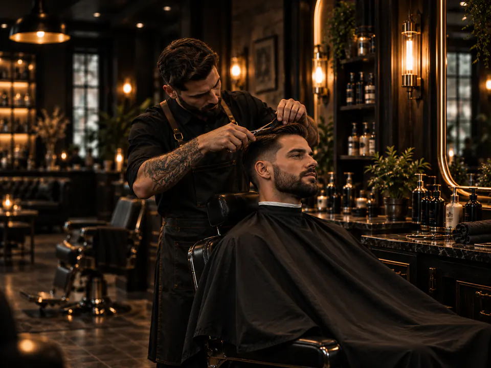 Barber cutting a client's hair in the shop.