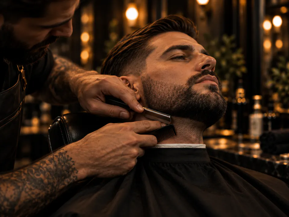 Barber shaping a client's beard with a straight razor.