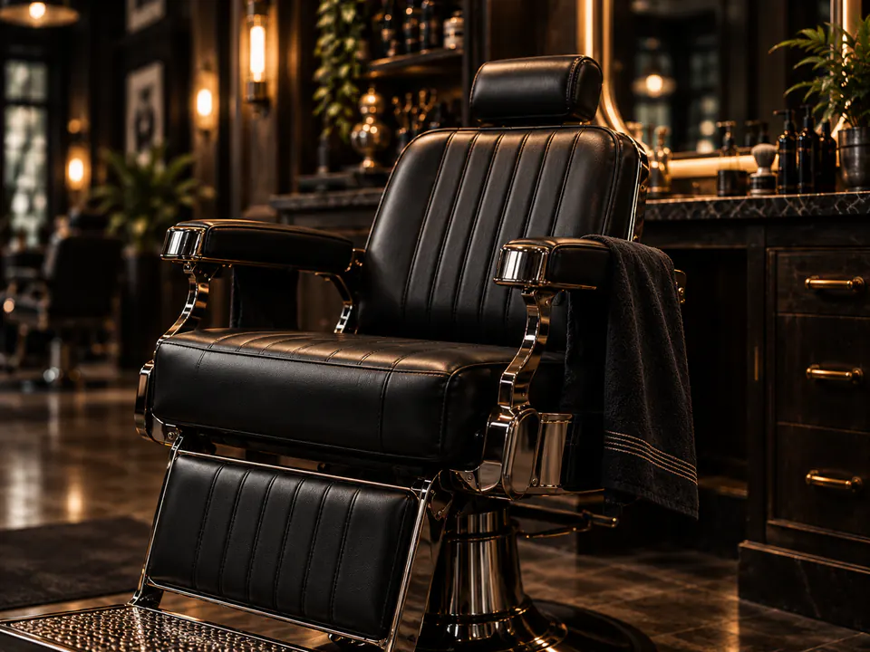 Black leather barber chair with polished metal details.