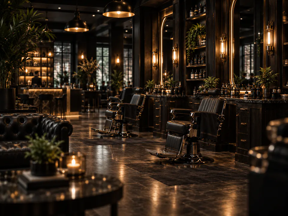 Wide view of a warmly lit barbershop with leather chairs.