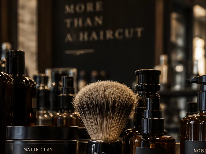 Shaving brush surrounded by dark grooming product bottles.