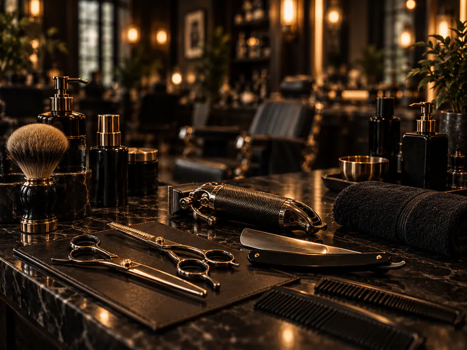 Barber scissors, clippers, razor and brushes arranged on a workstation.