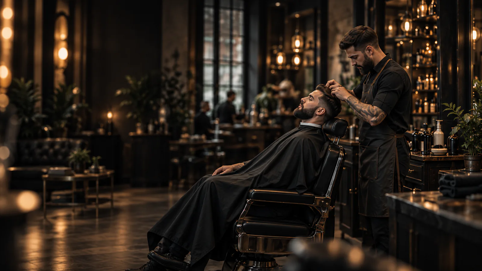 A barber carefully styling a client's hair in a refined barbershop.