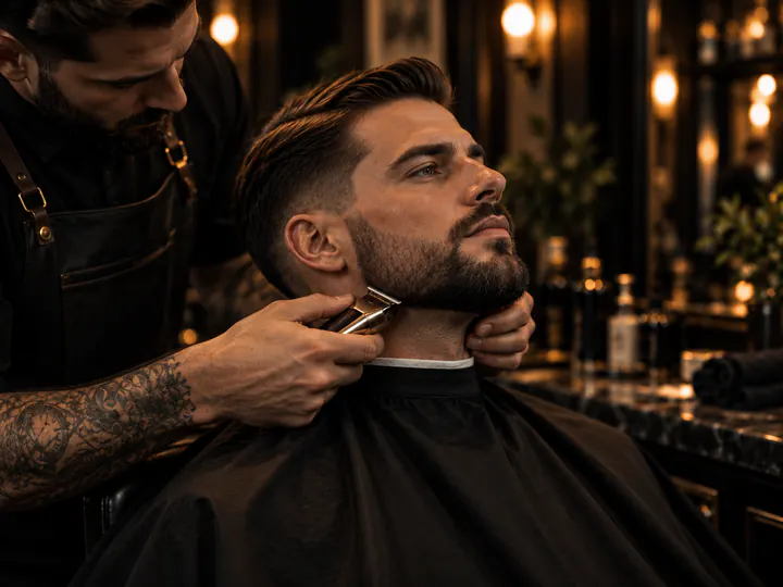Barber shaping a client's beard with clippers.