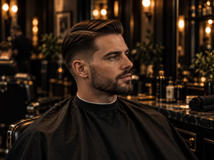 Finished classic haircut with a defined side part.