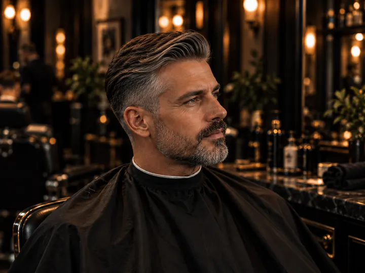 Natural grey blending through a client's hair and beard.