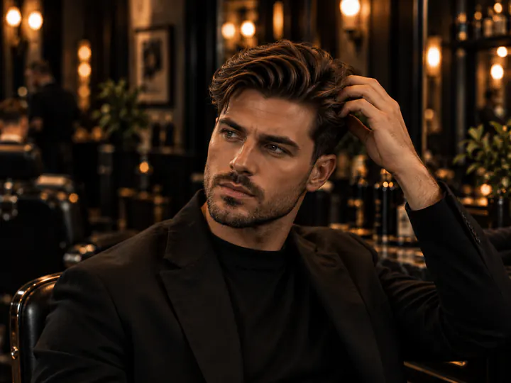 Client checking the texture of his styled hair.