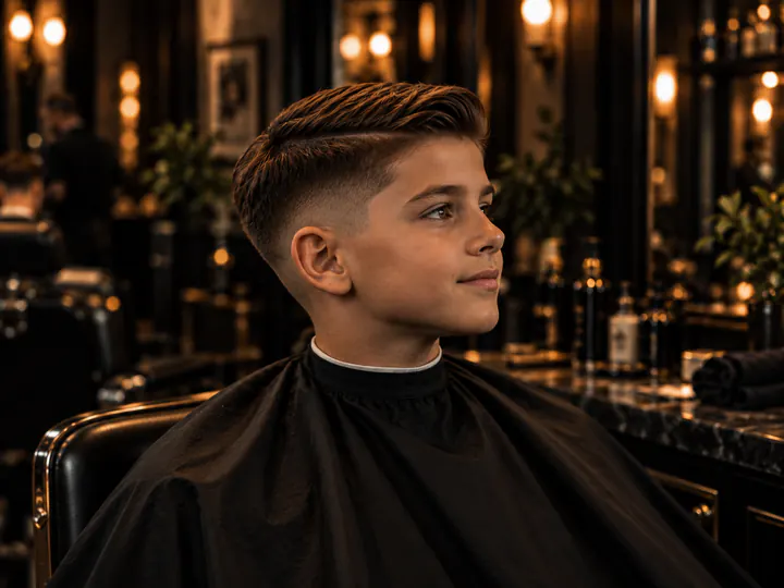 Finished children's haircut in the barber chair.