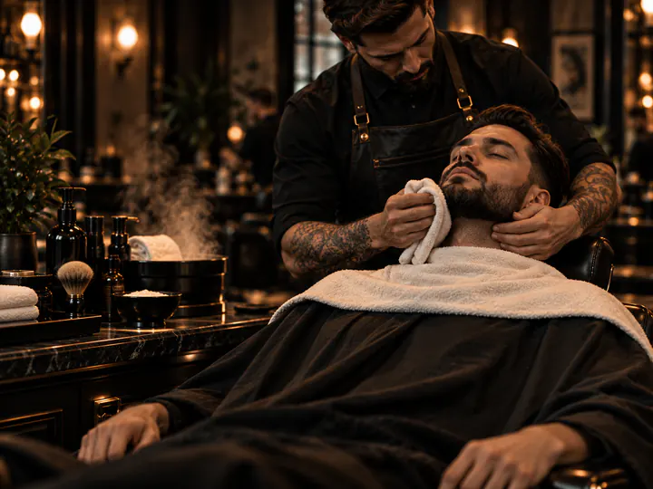 Barber applying a hot towel during a grooming service.
